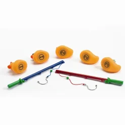 Badeænder, 5 stk gule 8 cm + 2 fiskestænger